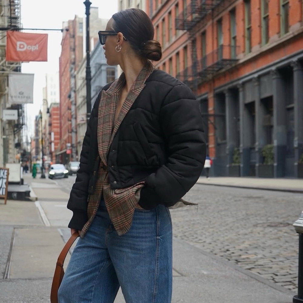 Veronica Beard Black and Plaid Puffer Jacket